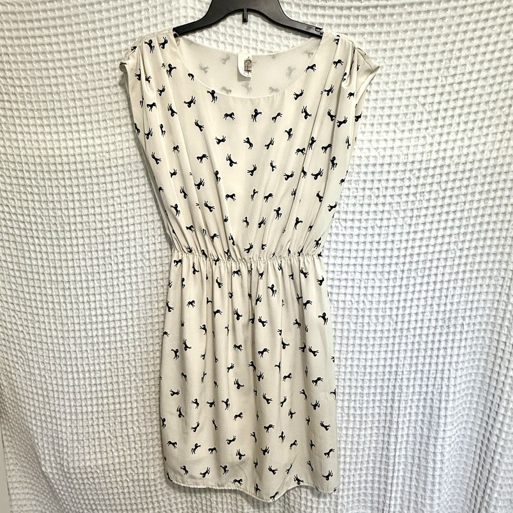Ivory Polo Pony Horse Print Mini Dress Equestrian Old Money Preppy Lined Size M